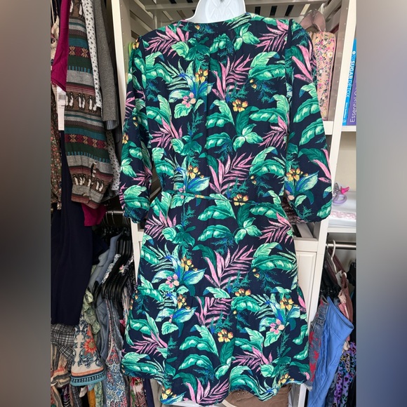 LOFT PALMS HENLEY SHIRT DRESS. TROPICAL PRINT. BELTED WAIST, FLOUNCY HEM. GUC - Picture 7 of 14